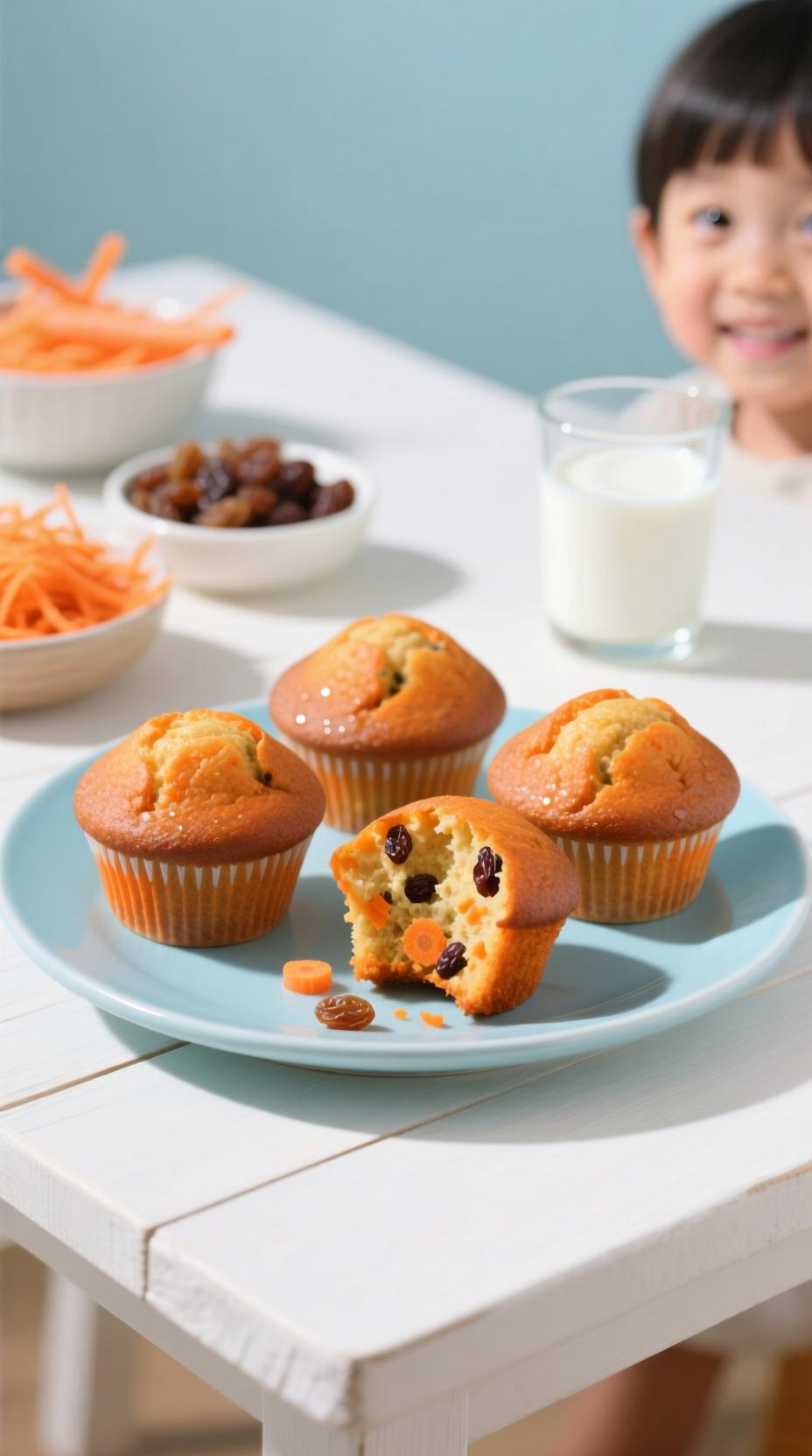Kid-Friendly Morning Glory Muffins On A Light Blue Plate With Shredded Carrots And Raisins In Bright Studio Light