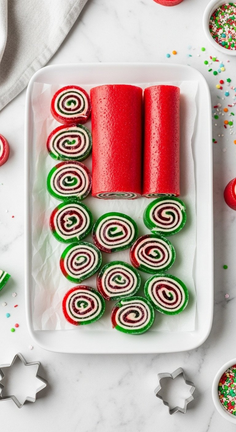 Kid-Friendly Red And Green Christmas Jello Roll Ups, Sliced Into Festive Pinwheels On A White Platter With Sprinkles.