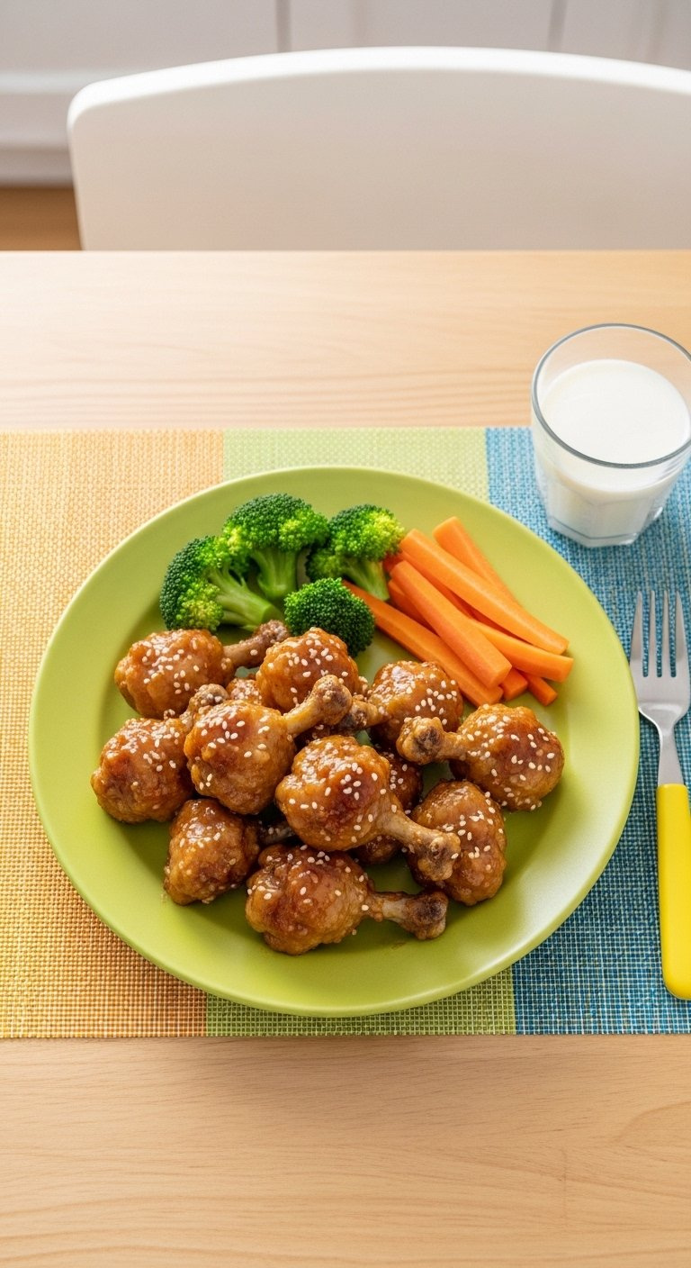Kid-Friendly Soy Garlic Korean Chicken Drumettes Served On A Colorful Plate With Steamed Broccoli And Carrots.