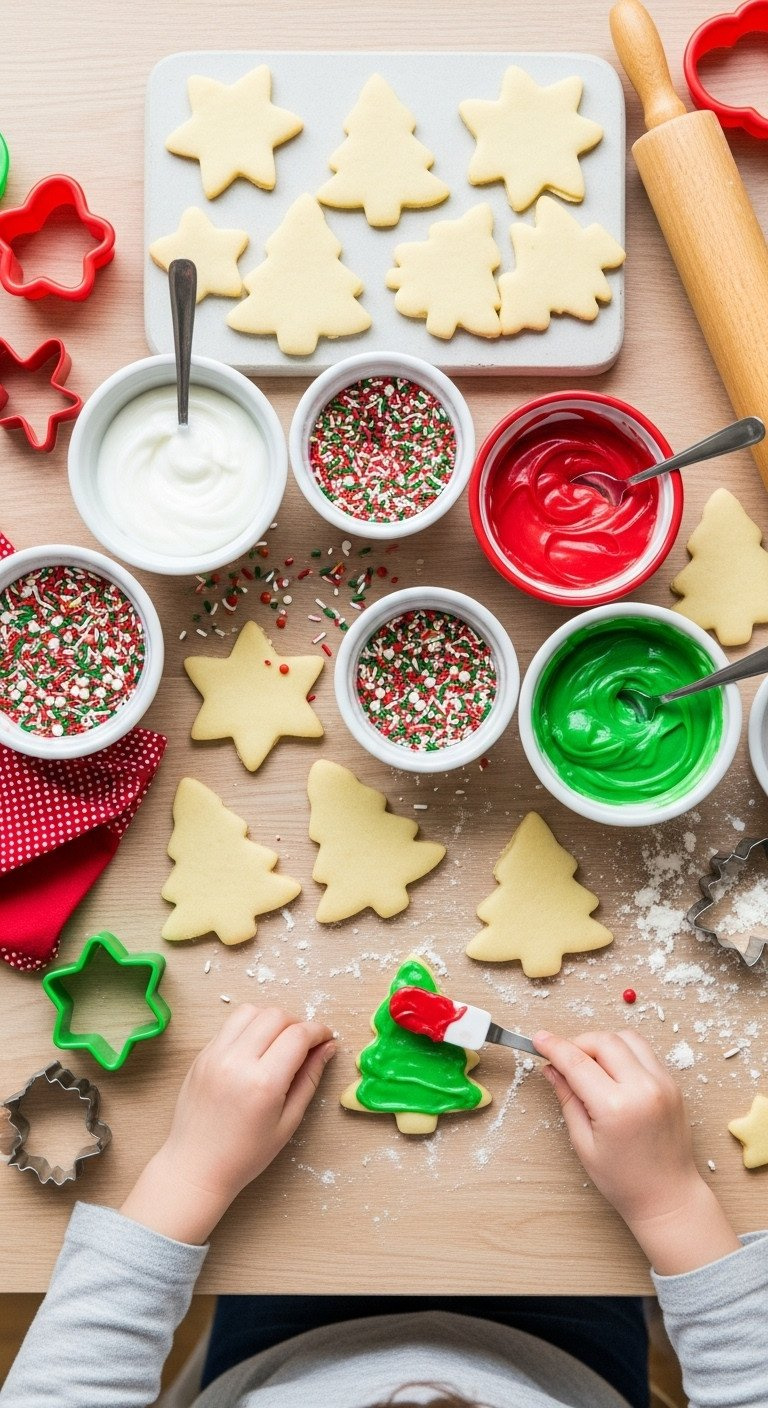 Kids Decorating Christmas Cookies (Trees, Stars) With Icing, Sprinkles On Light Wood. Fun Holiday Activity.