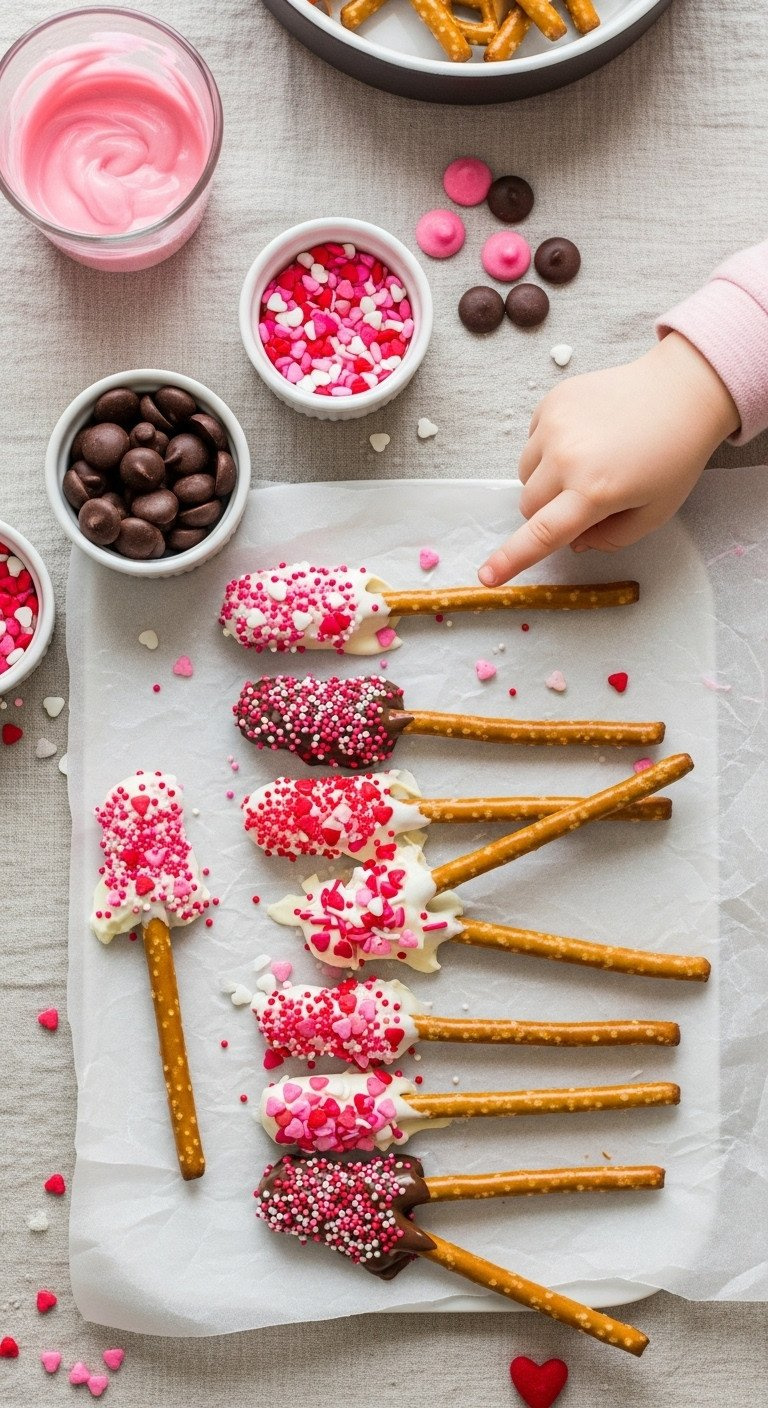 Kid's Hand Points At Chocolate-Dipped Pretzel Rods With Pink, Red Sprinkles On Parchment Paper, A Delicious Valentine's Treat.