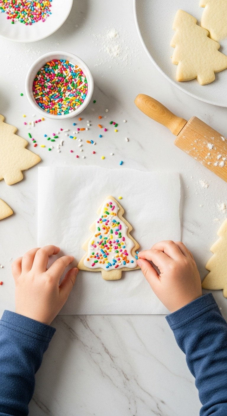 Kid's Hands Decorating A Christmas Tree Sugar Cookie With White Frosting &Amp; Colorful Sprinkles On Parchment Paper. Fun Holiday Baking.