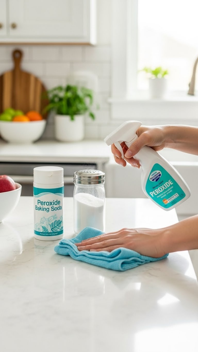 Kitchen Countertop Being Wiped With Peroxide Baking Soda Solution Using Spray Bottle And Microfiber Cloth