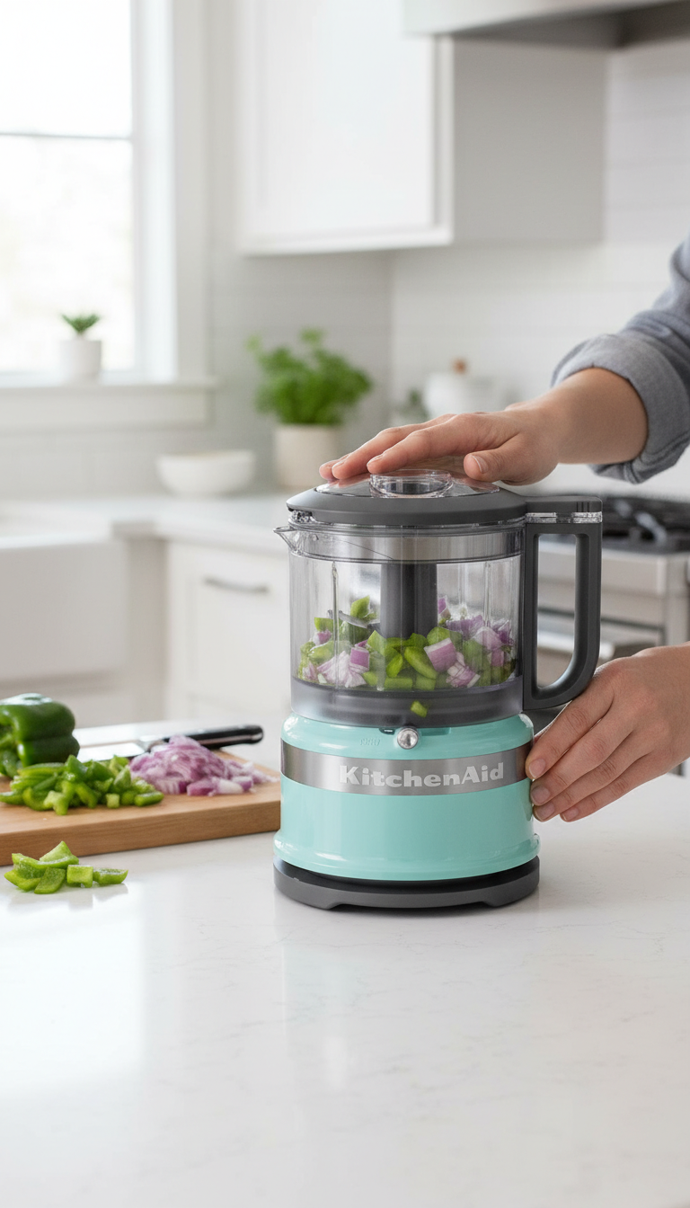 A Kitchenaid 3.5 Cup Food Chopper On A Kitchen Counter Surrounded By Ingredients Like Garlic, Basil, And Nuts.