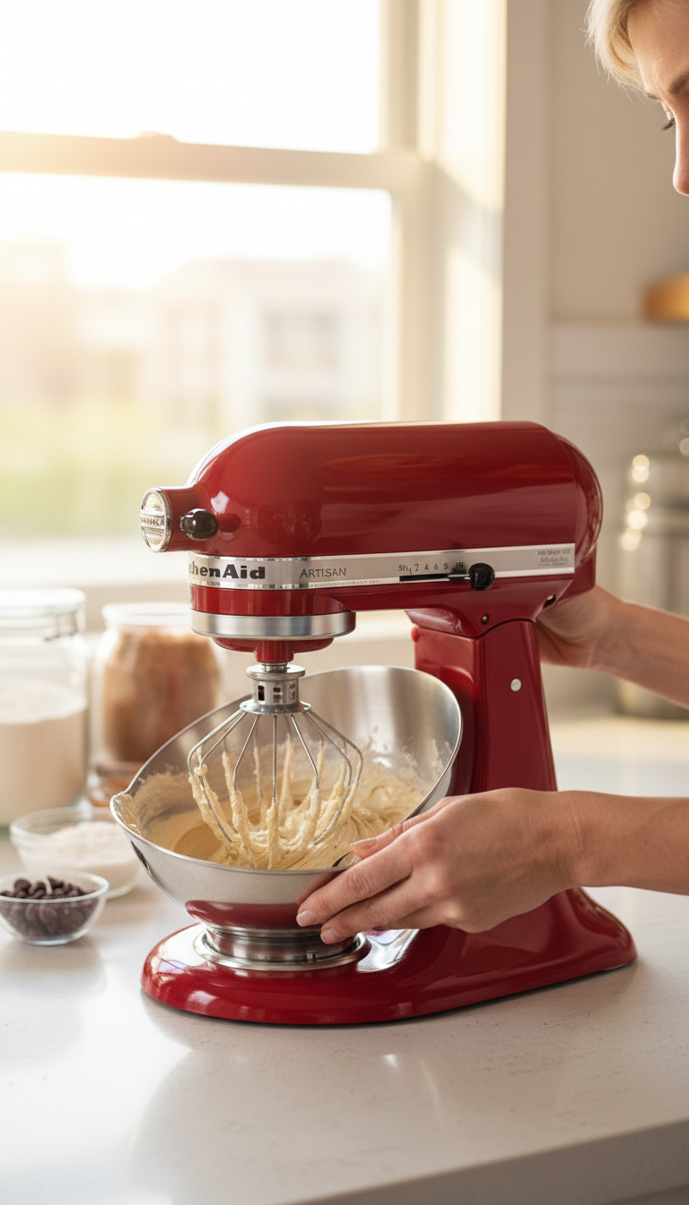 An Action Shot Of The Kitchenaid Artisan Stand Mixer On A Kitchen Counter, Mid-Mix, With Ingredients Like Flour And Eggs Arranged Artfully Around It. A Notepad Showing Testing Notes Is Visible Nearby.