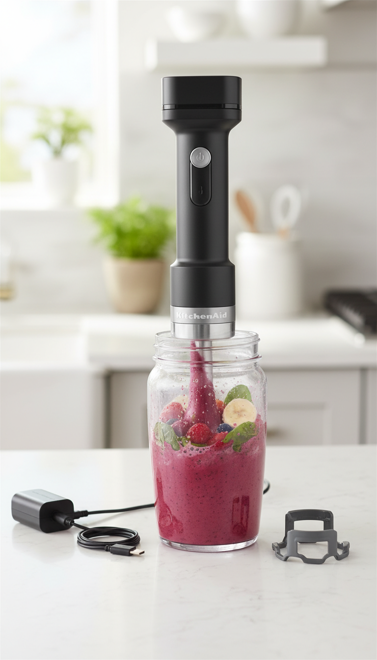 A Person Using The Kitchenaid Cordless Hand Blender In A Pot Of Soup, Demonstrating Its Cordless Convenience.