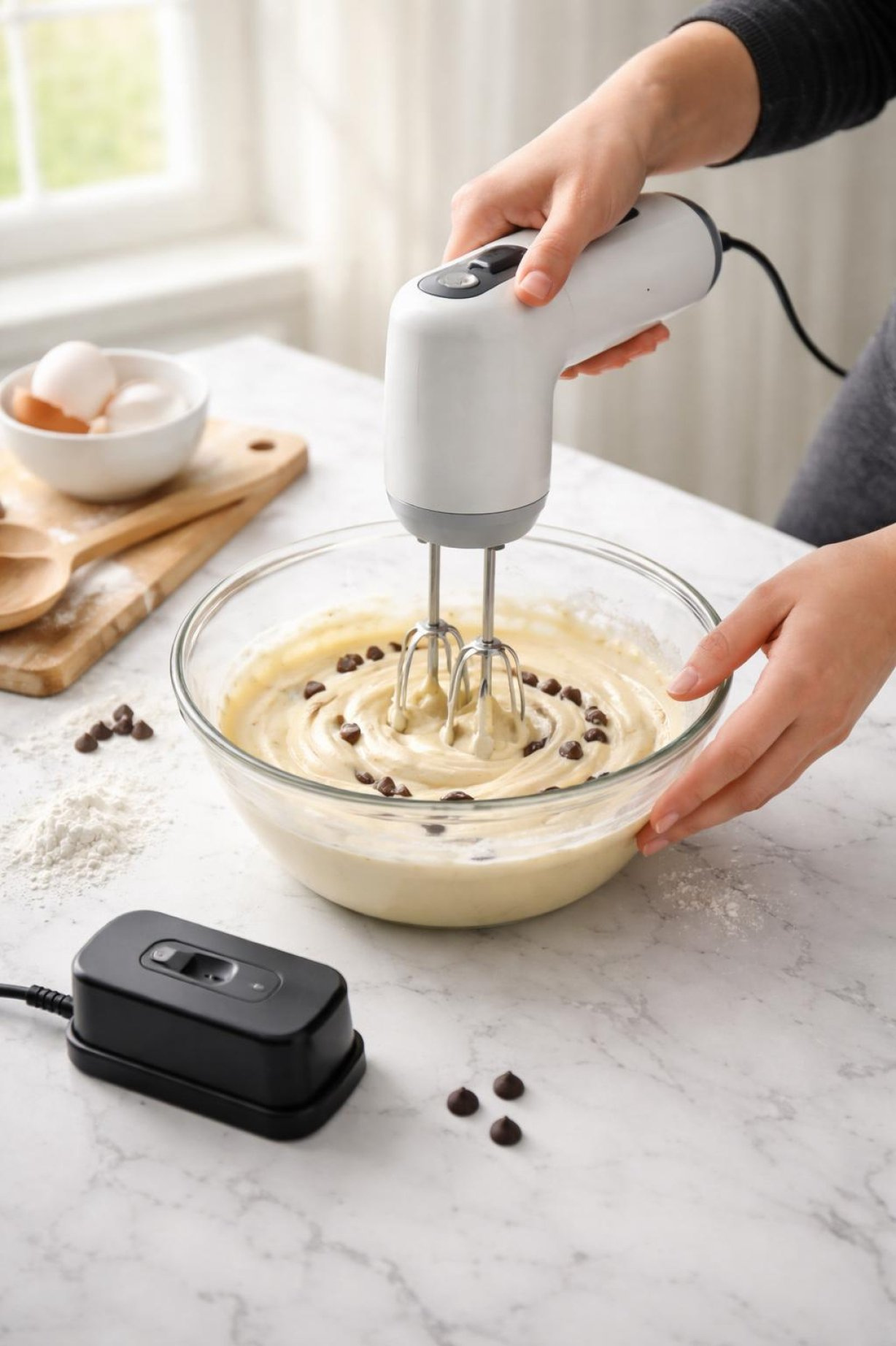 A Photo Showing The Kitchenaid Cordless Hand Mixer Next To A Bowl With Cookie Dough, With A Notebook And Pen Nearby To Signify Testing Logs.