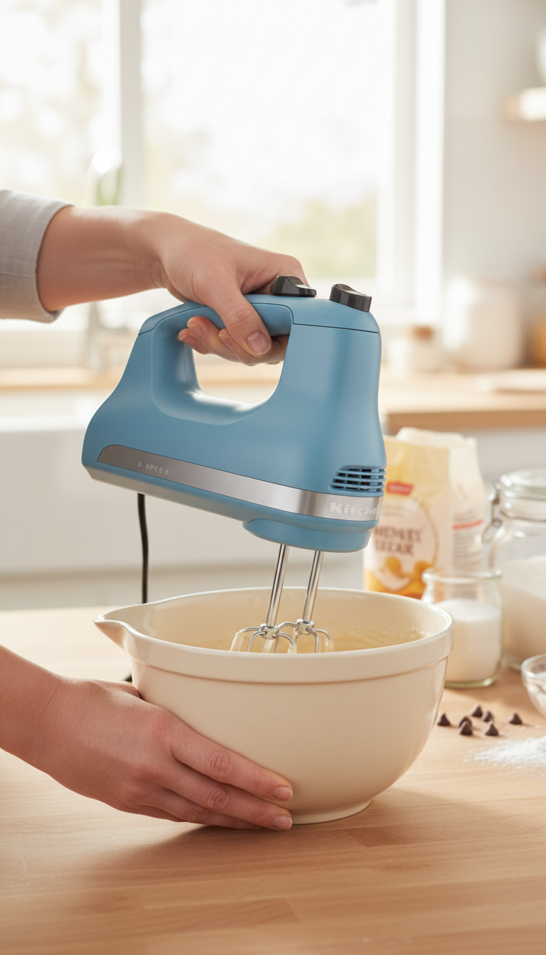 A Kitchenaid Ultra Power Hand Mixer Being Used To Mix Batter In A Glass Bowl.