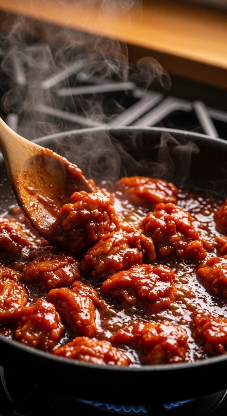 Korean Chicken Pieces Coated In A Glossy Red Glaze Being Stirred In A Dark Non-Stick Skillet.