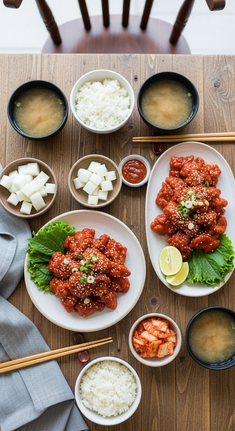Korean Chicken Wings Served With Rice Kimchi And Radishes In A Rustic Table Setting.