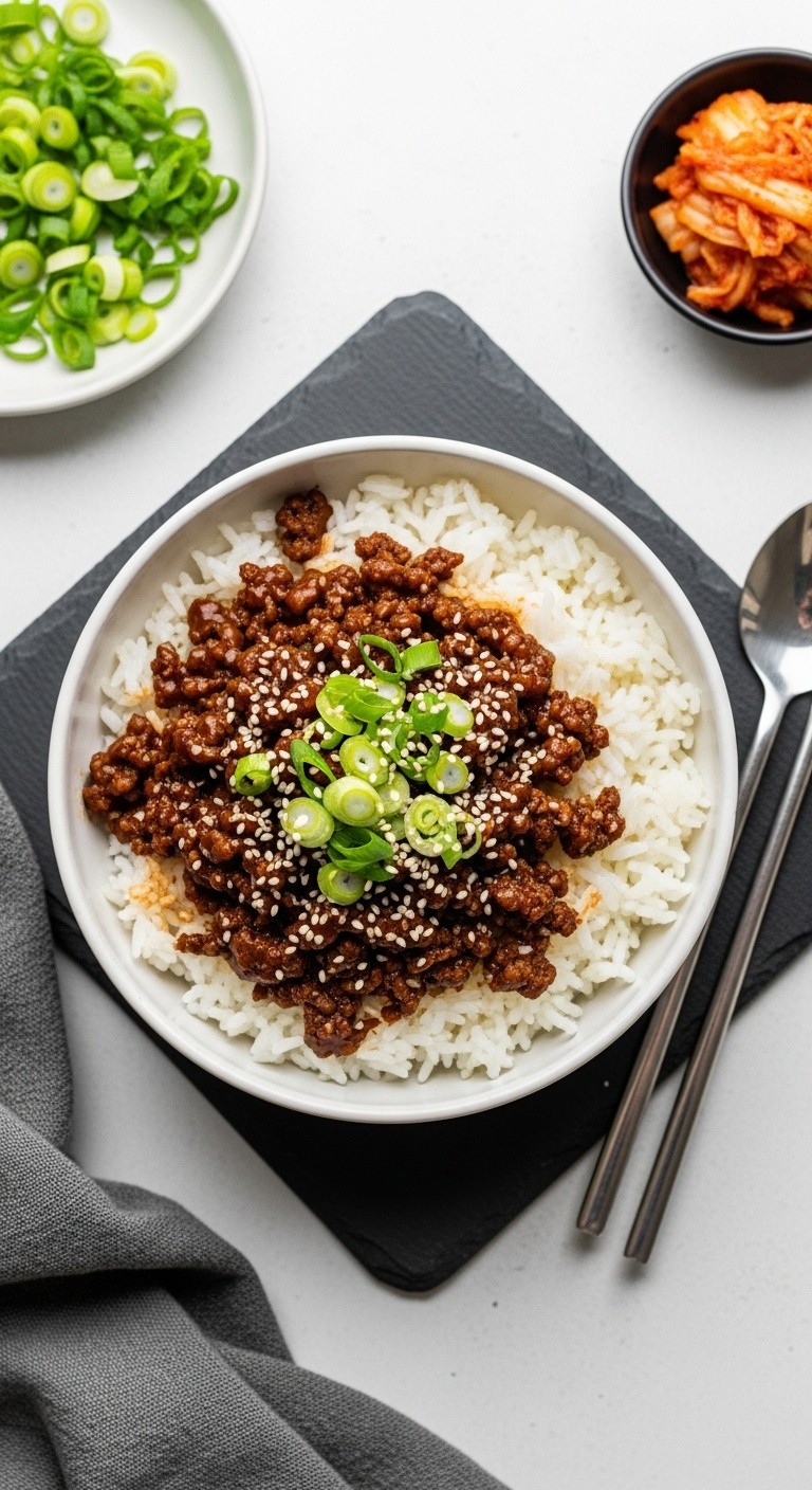Korean-Inspired Ground Beef Bowl With Rice Scallions Sesame Seeds And Kimchi On Dark Slate Surface High-End Magazine Cover Style