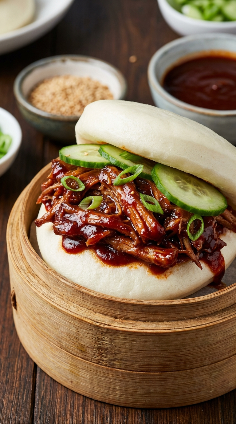 Korean-Inspired Pulled Pork Bao Bun With Glossy Gochujang Sauce Topped With Cucumber And Scallions On Bamboo Steamer