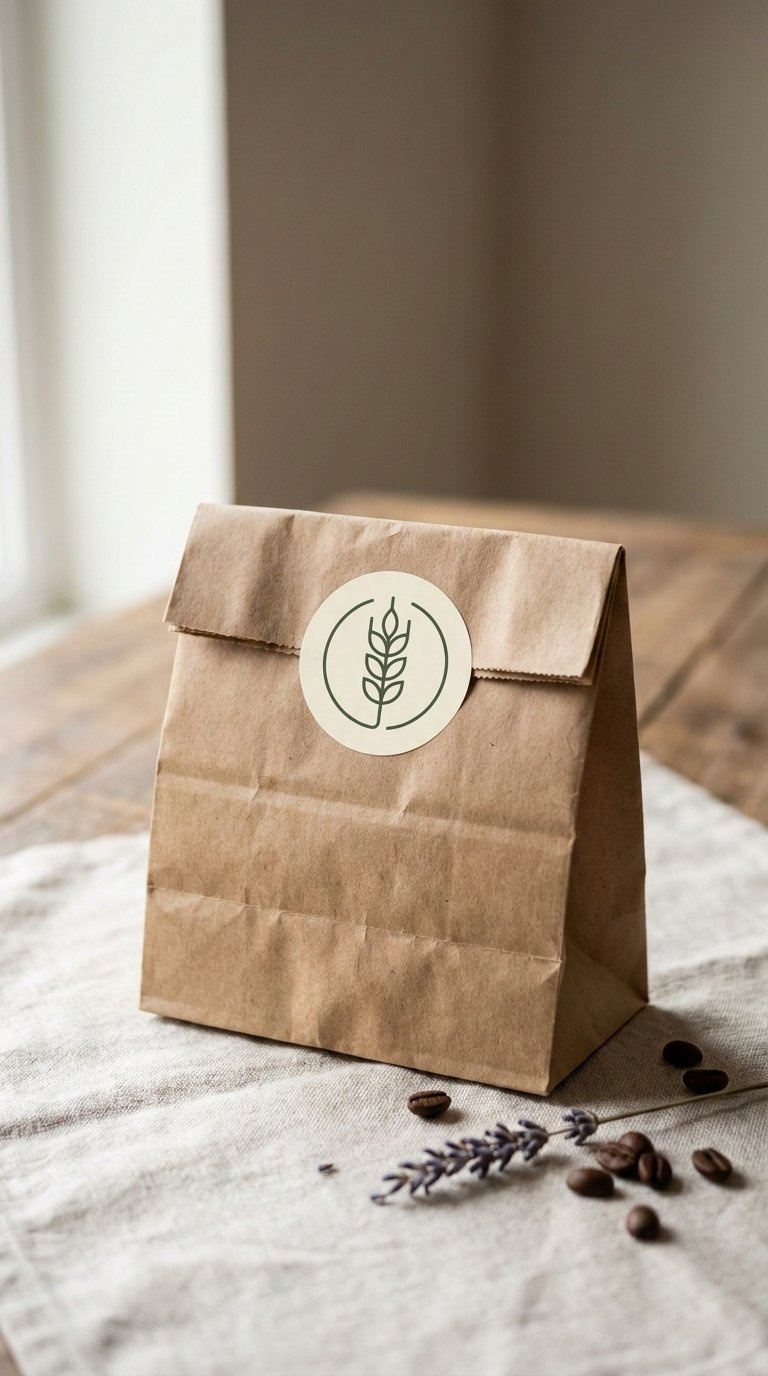 Kraft Paper Bakery Box Sealed With Minimalist Logo Sticker On Linen Cloth With Rustic Aesthetic.