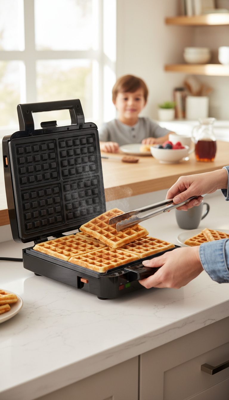 A Krups 4-Slice Belgian Waffle Maker On A Kitchen Counter With Waffle Batter And A Timer Nearby.
