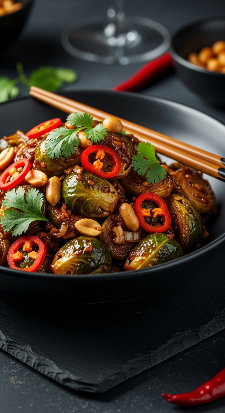 Kung Pao Brussels Sprouts With Peanuts And Chili In A Dark Bowl On A Slate Surface With Moody Lighting
