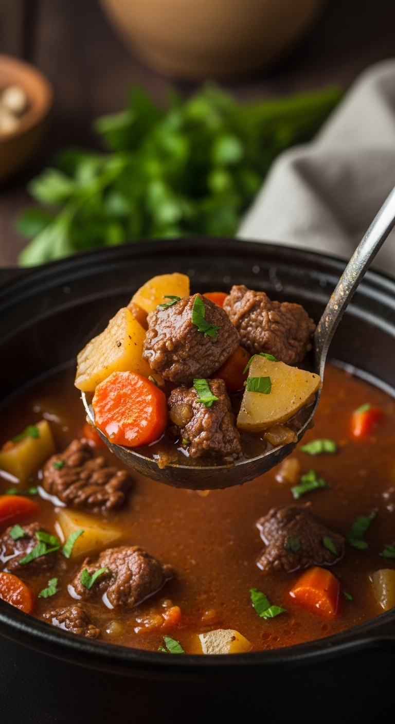 Ladle Lifting Hearty Slow Cooker No-Brown Beef Stew With Vegetables And Parsley Garnish