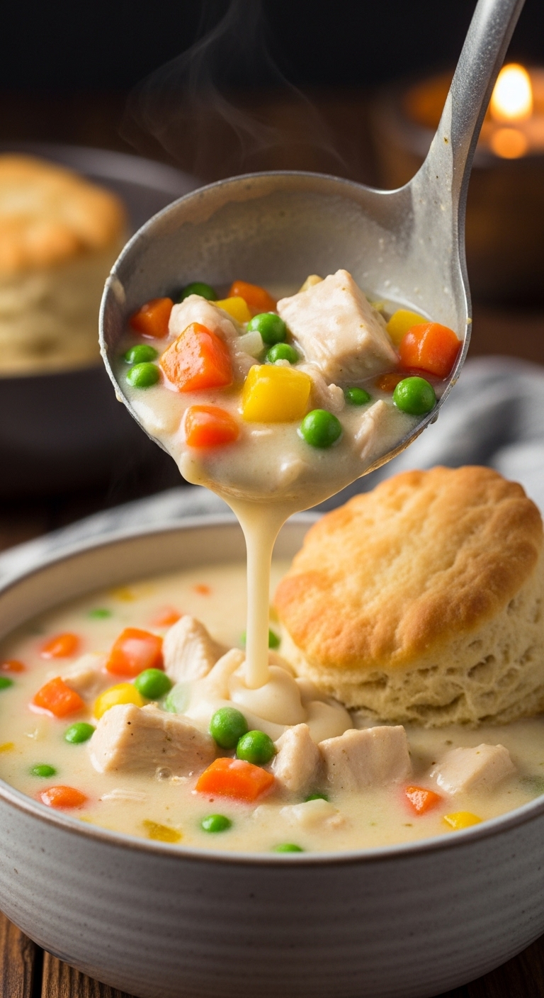 Ladle Pouring Chicken Pot Pie Soup Into A Rustic Bowl With Chicken, Peas, Carrots, And A Biscuit On The Side