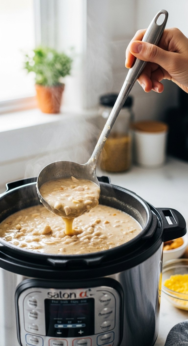 Ladle Stirring Creamy White Chicken Chili Inside A Pot To Showcase The Luscious Thick Broth Texture.