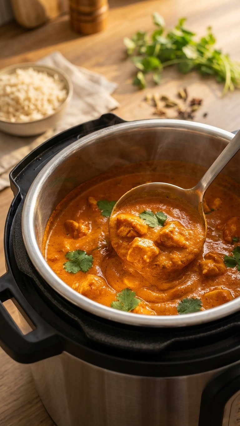 Ladle Stirring Rich, Vibrant Orange Instant Pot Chicken Tikka Masala Sauce With Chicken Pieces, Revealing Creamy Texture.
