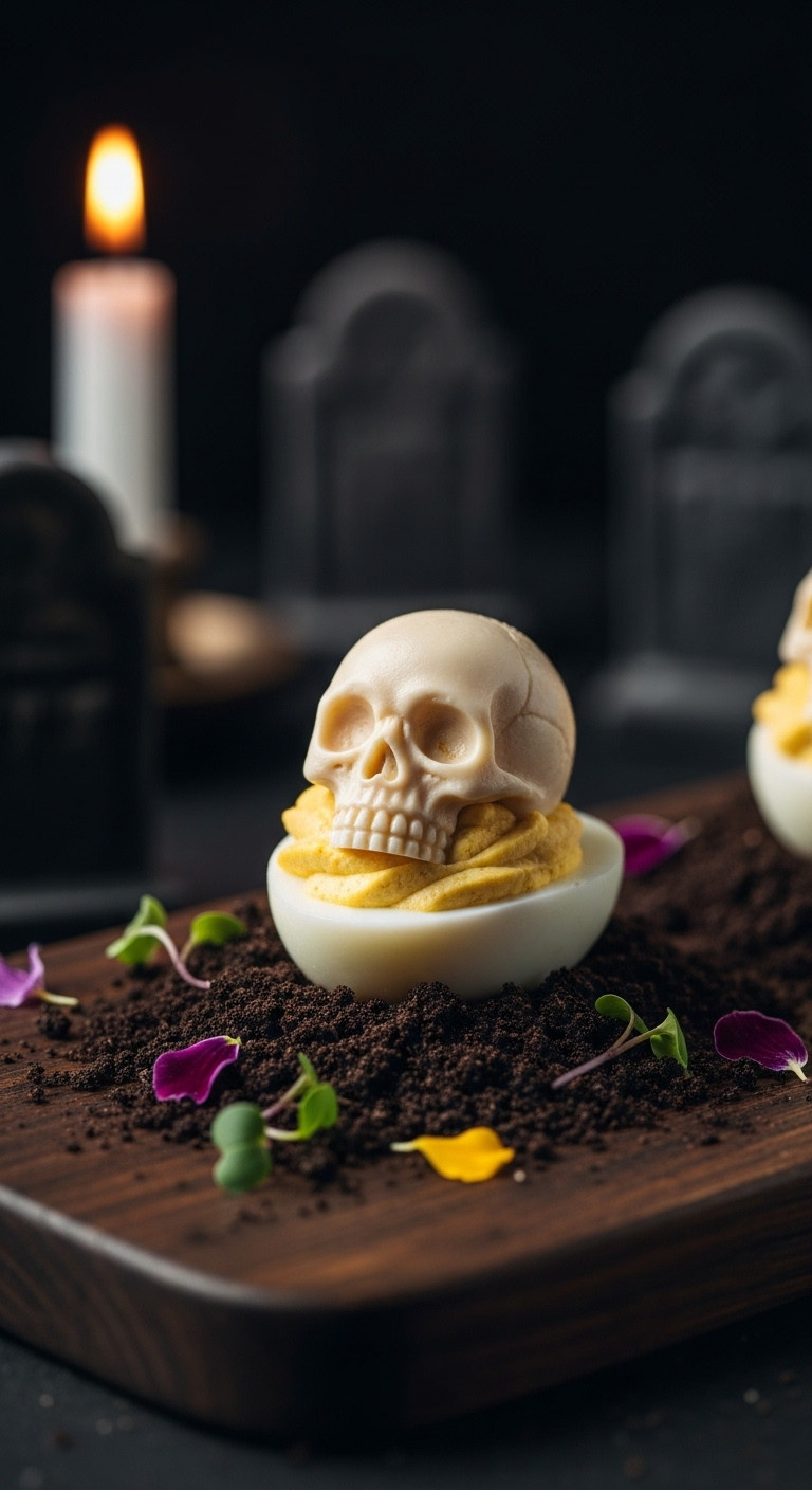Laid To Rest Skull Deviled Eggs With Molded Yolk Skull On Edible Soil And Microgreens On A Dark Wooden Board