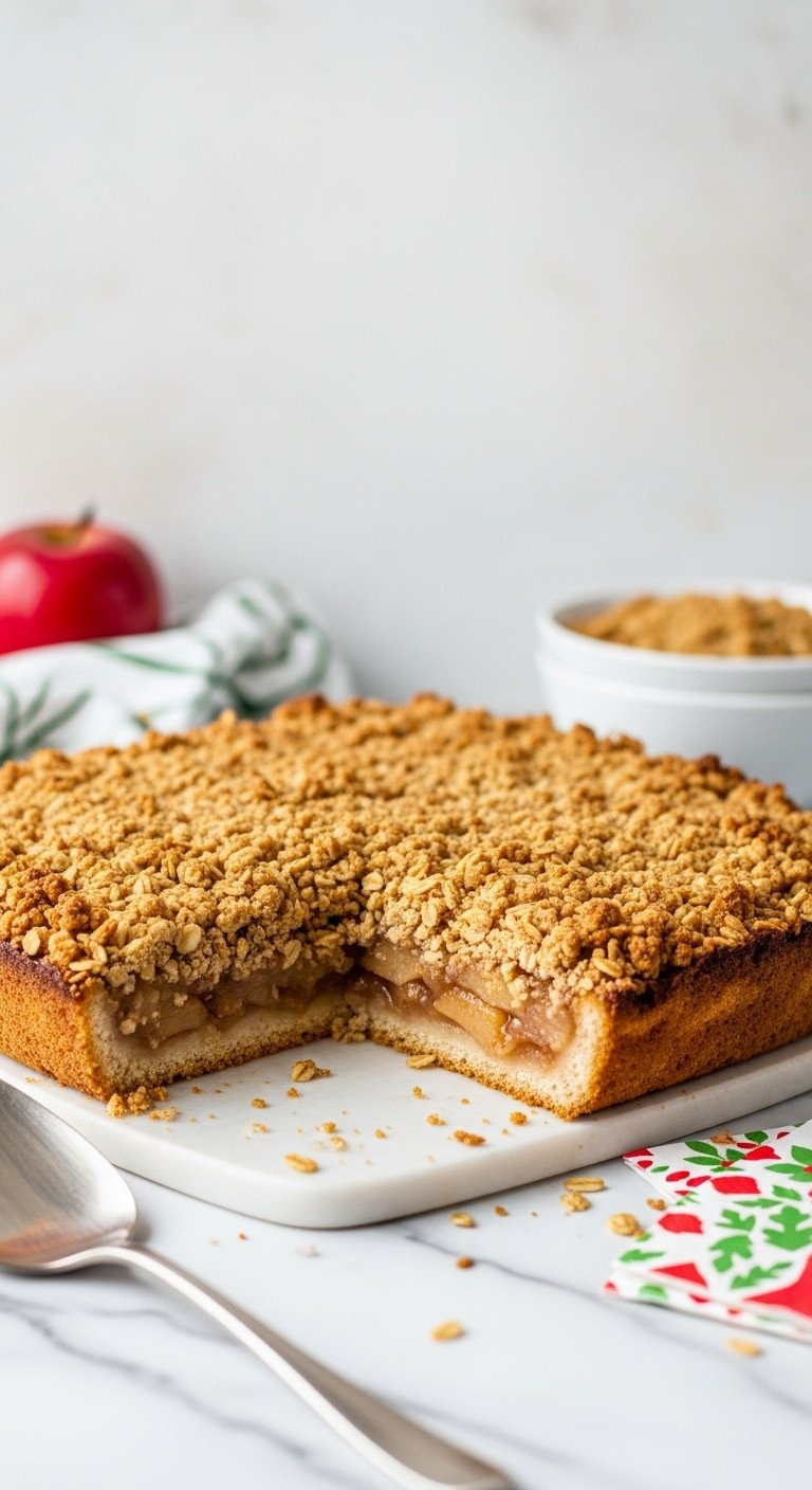 Large 9X13 Apple Crisp With Serving Cut Out, Showcasing Tender Spiced Apples &Amp; Golden Oat Topping On Marble Counter.