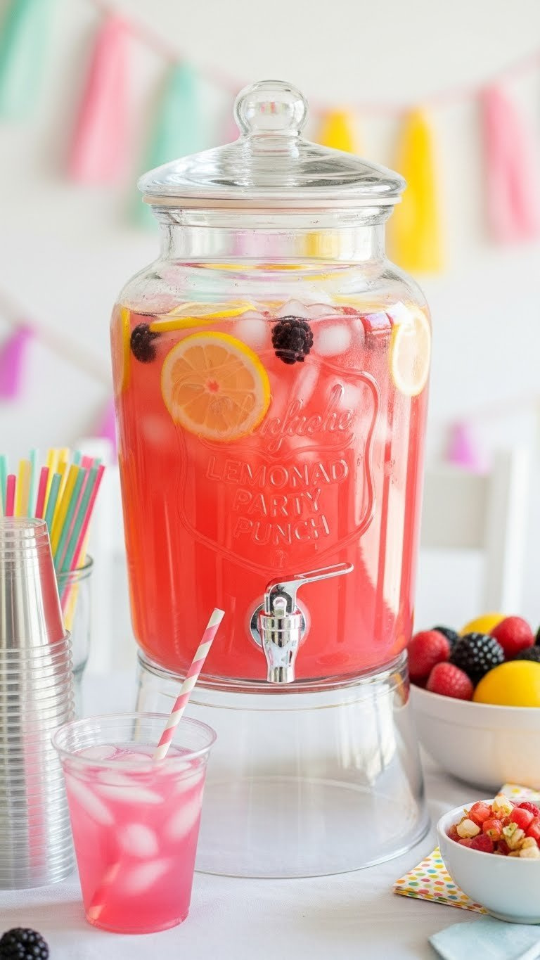 Large Beverage Dispenser Filled With Bright Pink Lemonade Party Punch With Floating Lemon Slices And Fresh Berries