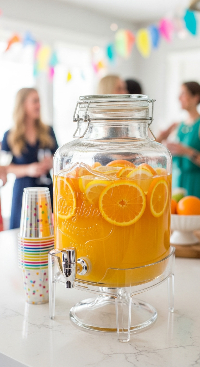 Large Beverage Dispenser With Bright Orange Jungle Juice Orange Lemon Slices And Plastic Cups Perfect For Party Recipes