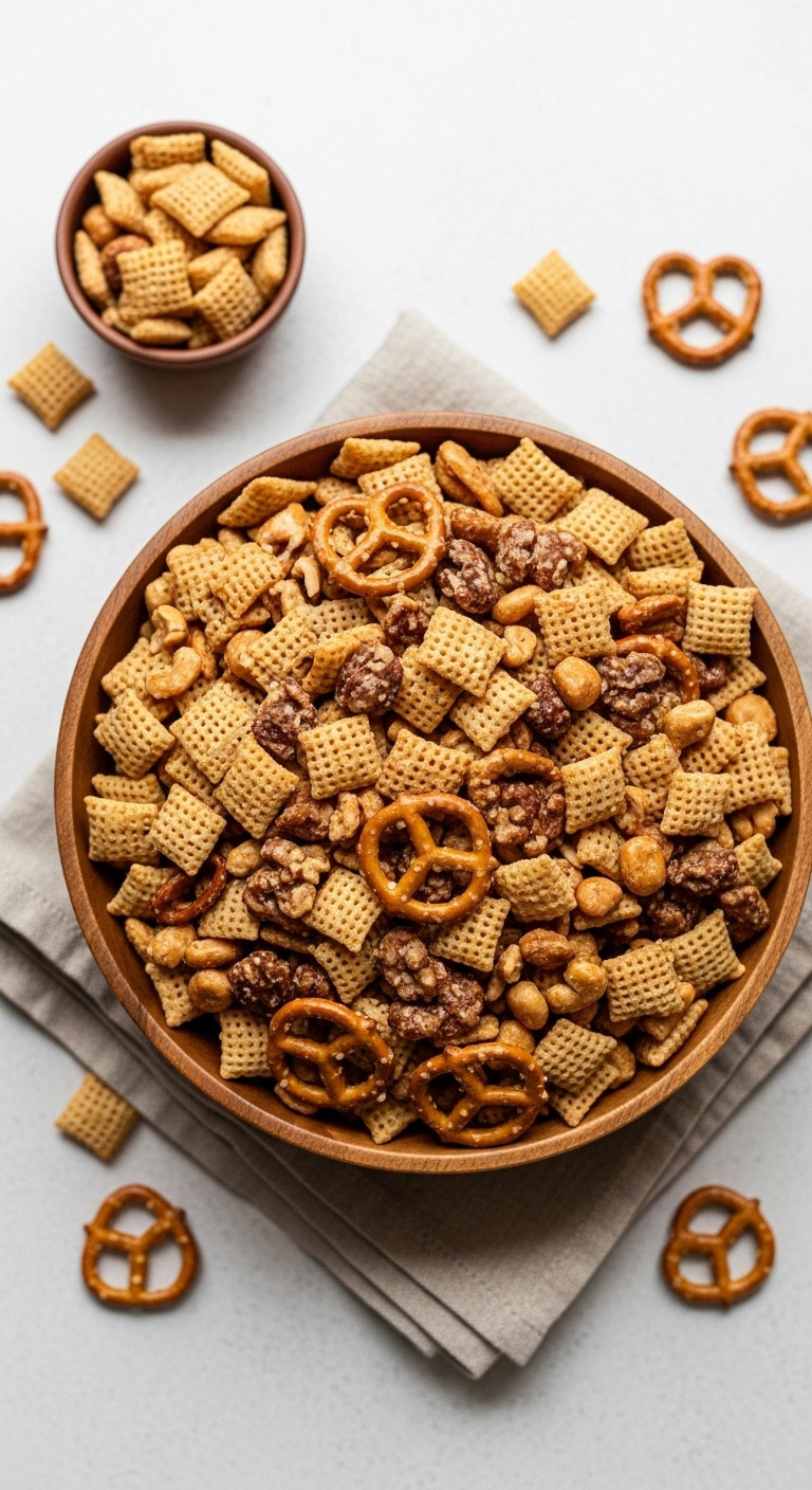 Large Bowl Of Savory Chex Party Mix With Cereals, Pretzels, And Nuts On A Linen Napkin. Easy Snack Recipe.