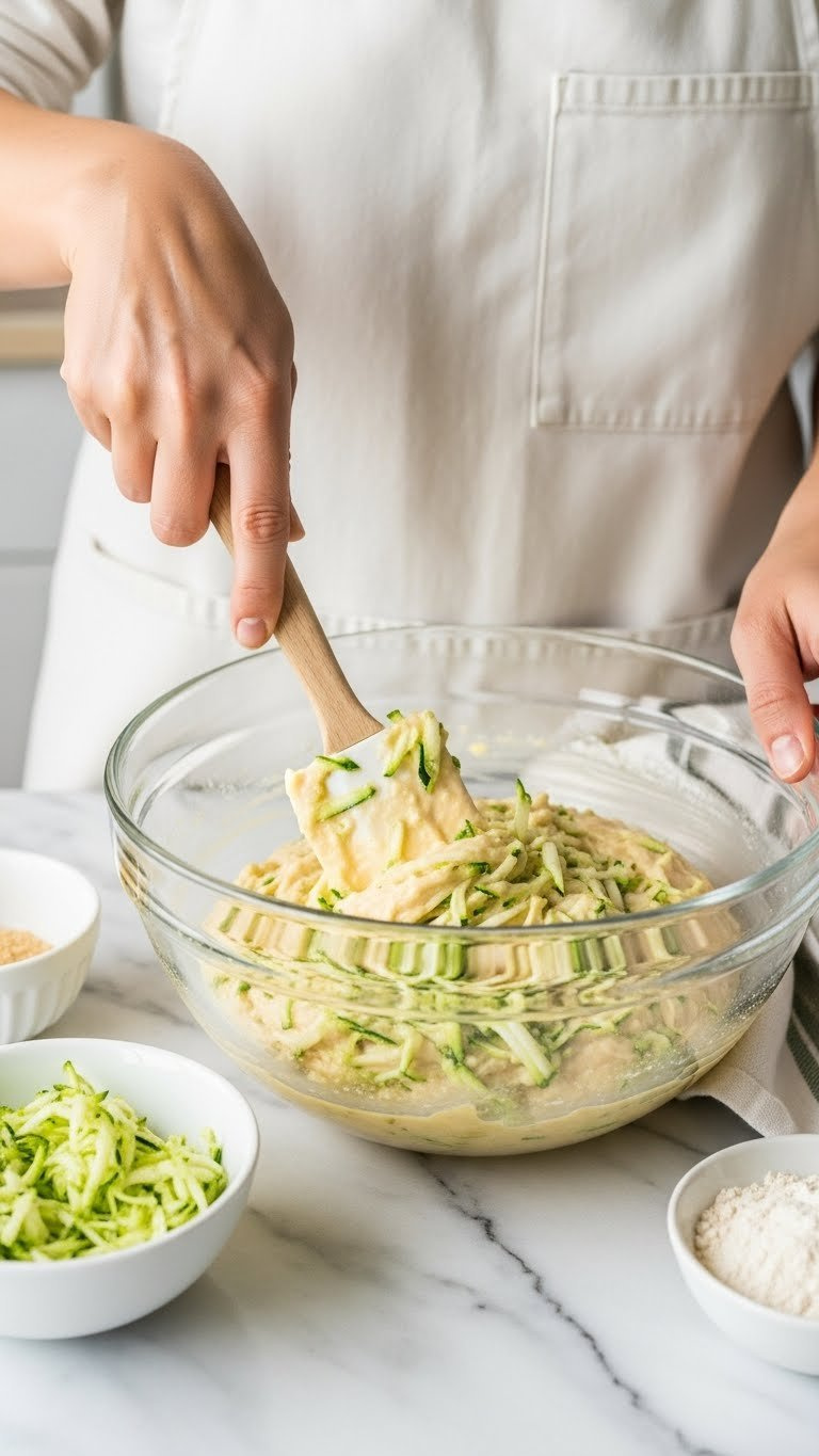 Large Bowl Showing Lemon Zucchini Bread Batter Being Folded With Silicone Spatula Revealing Green Zucchini Flecks
