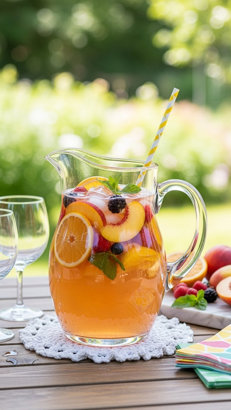 Large Clear Glass Pitcher Filled With Vibrant Peach Sangria Overflowing With Fresh Fruit Slices And Mint Leaves