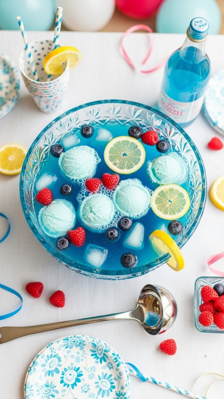 Large Crystal Punch Bowl With Electric Blue Sparkling Punch, White Sherbet Scoops, Raspberries And Lemon Slices