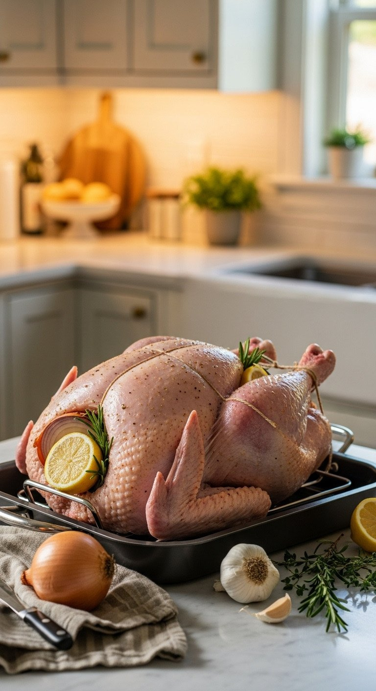 Large Dry-Brined Raw Turkey, Trussed With Lemon &Amp; Rosemary In Pan On Marble Counter, Ready For Oven, Thanksgiving Prep.
