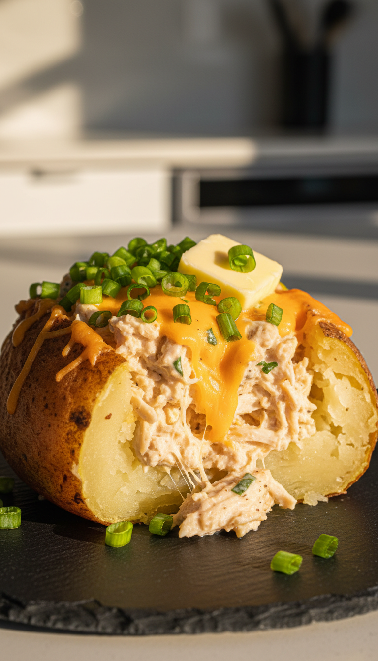 Large Fluffy Baked Potato Stuffed With Creamy Crack Chicken, Melted Cheddar Cheese, And Green Onions On A Slate Plate.