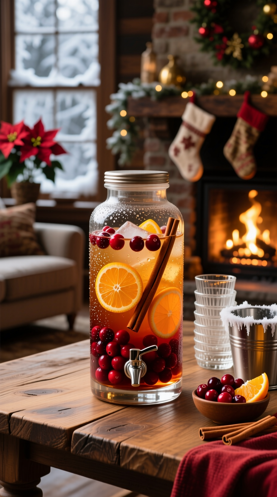 Large Glass Beverage Dispenser Filled With Festive Maple Cranberry Bourbon Cocktail Fresh Cranberries Orange Slices And Cinnamon Sticks