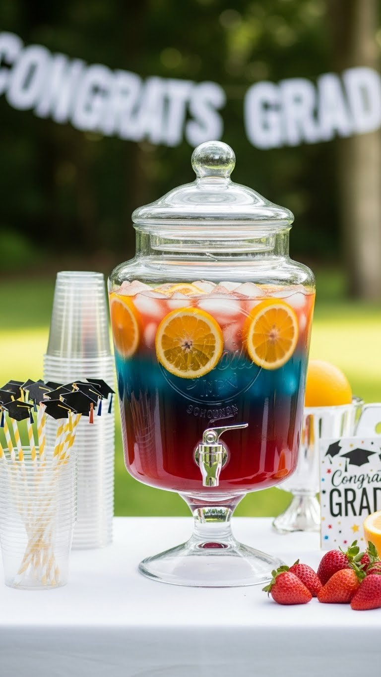 Large Glass Beverage Dispenser Filled With Vibrant Two-Tone School Spirit Punch Garnished With Fresh Fruit Slices And Floating Ice Ring.