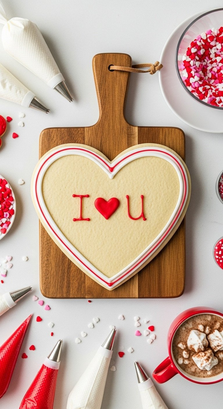 Large Heart-Shaped Sugar Cookie With White And Red Royal Icing On A Rustic Board, Surrounded By Sprinkles And Hot Cocoa.