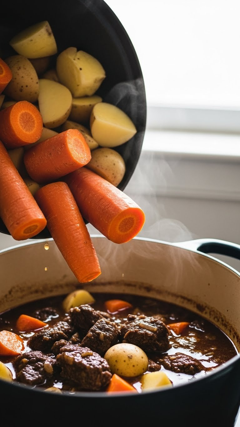 Large Rustic Carrot And Potato Chunks Being Added To Simmering Beef Stew In Enamel Dutch Oven