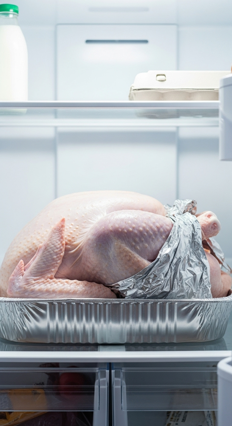 Large Whole Uncooked Turkey In A Foil Pan On The Bottom Shelf Of A Clean Modern Refrigerator With Other Food Items