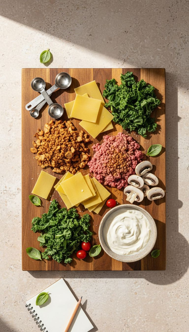 Lasagna Soup Ingredients: Gluten-Free Noodles, Ground Turkey, Cashew Cream, Mushrooms, Kale On A Cutting Board.
