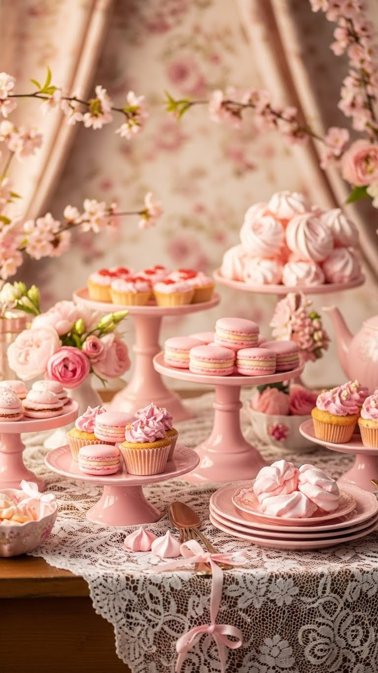 Lavish Pink Themed Dessert Table Display With Macarons, Cookies, And Cupcakes Arranged On Vintage Plates With Floral Arrangements.