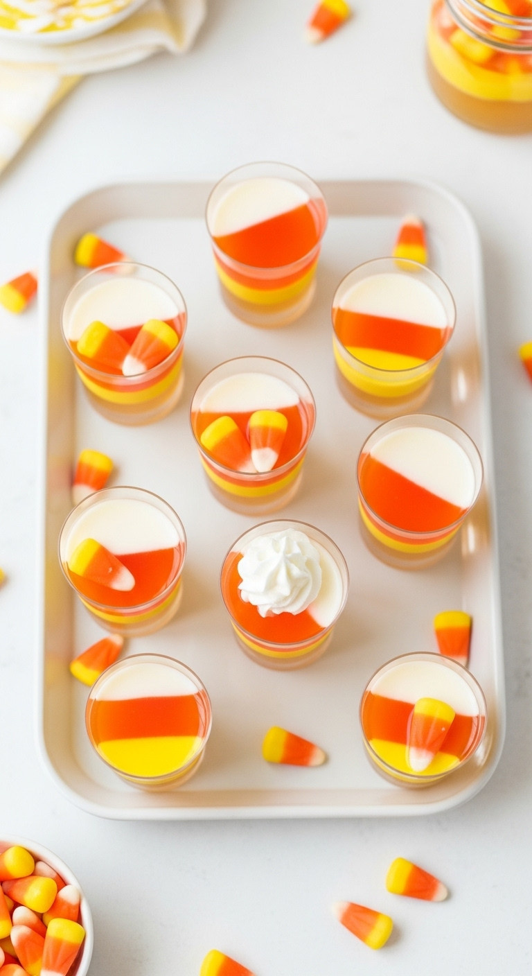 Layered Candy Corn Jello Shots On A Tray With Scattered Candy Corn Against A White Background