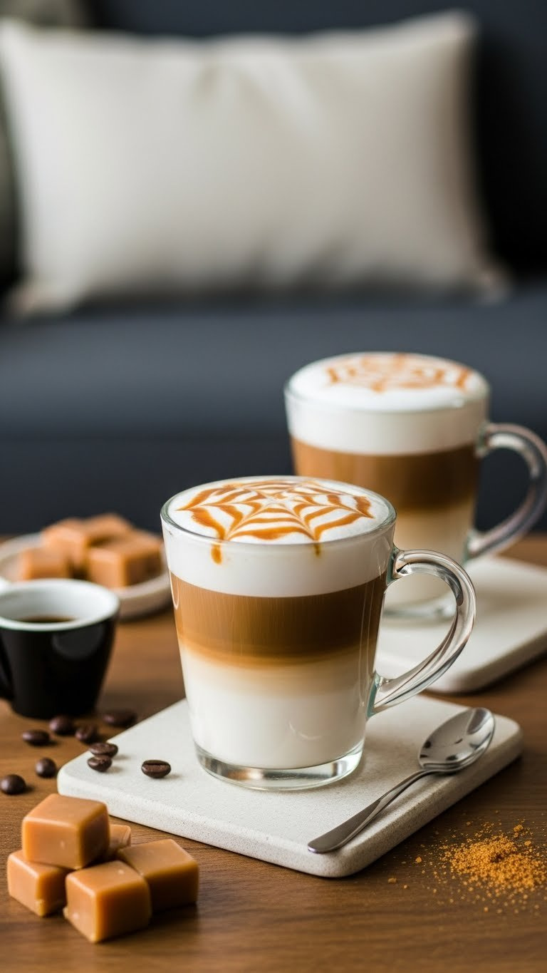 Layered Caramel Macchiato Mocktail With Caramel Drizzle And Frothed Milk In Clear Glass Mug