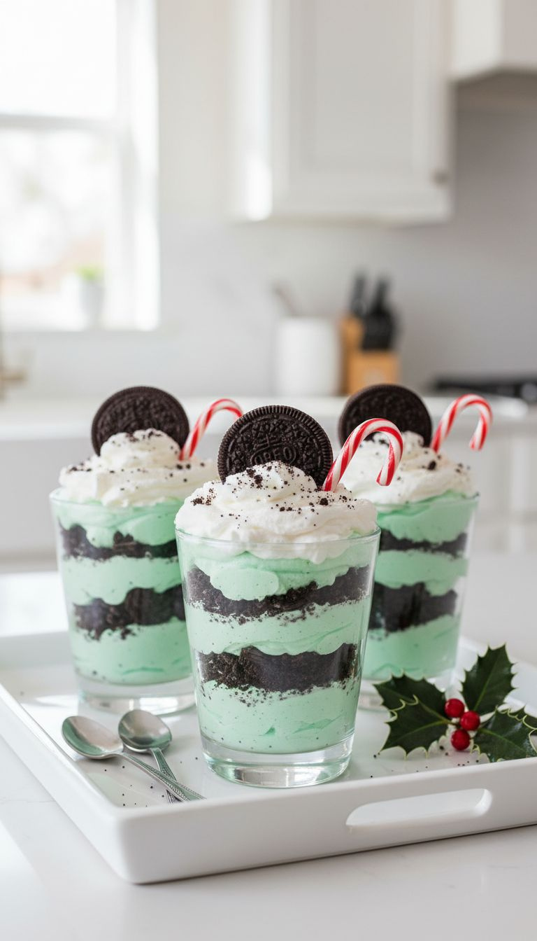 Layered Christmas Mint Oreo Parfaits: Green Mint Cream, Crushed Oreos, Whipped Cream, Whole Oreo, Candy Cane. Festive.