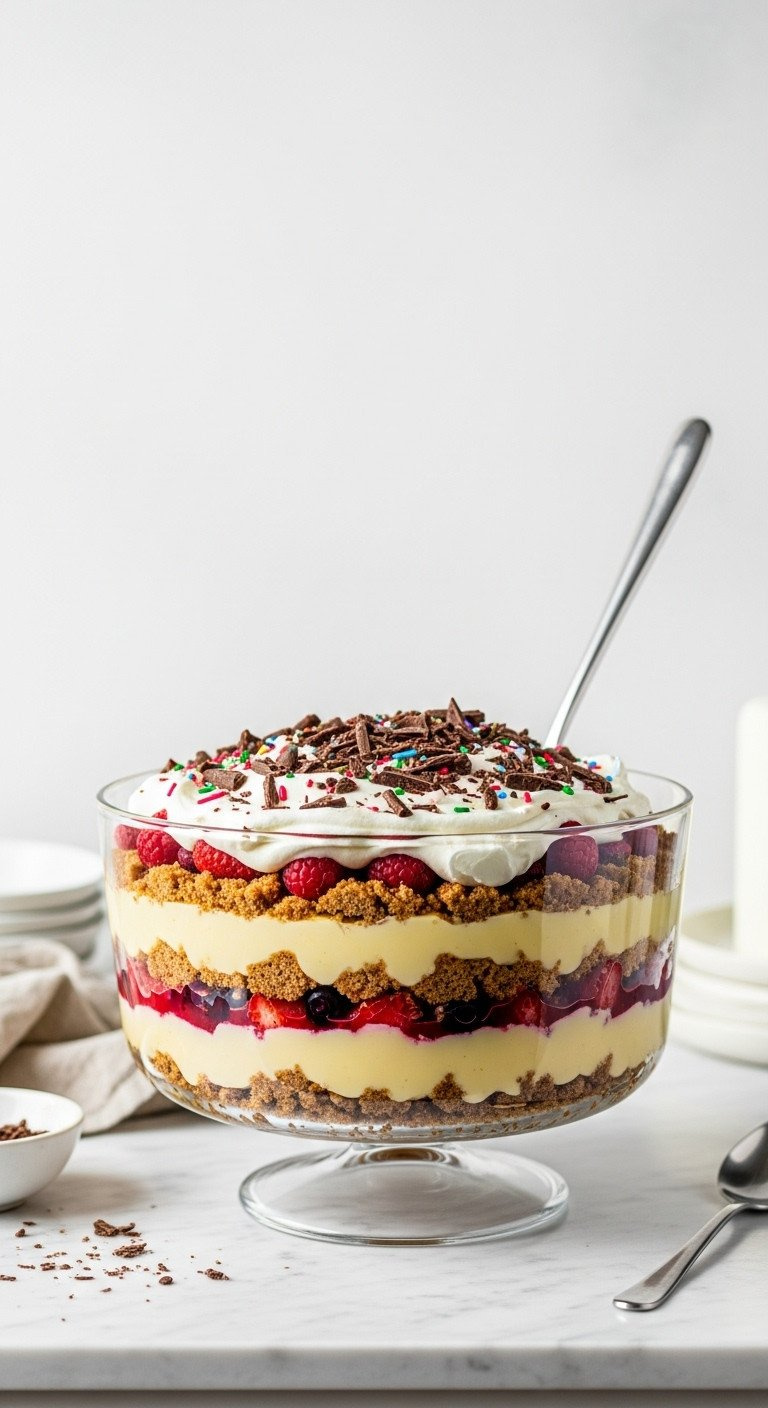 Layered Christmas Pudding Trifle In Glass Bowl With Pudding, Custard, Fruit, Whipped Cream, Sprinkles.