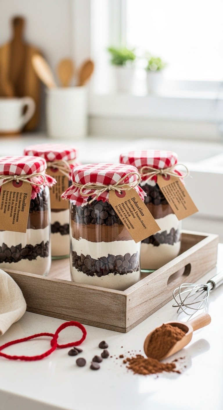 Layered Diy Brownie Mix In Mason Jars With Gingham Tops &Amp; Twine Tags On A Wooden Tray. Homemade Baking Gift.