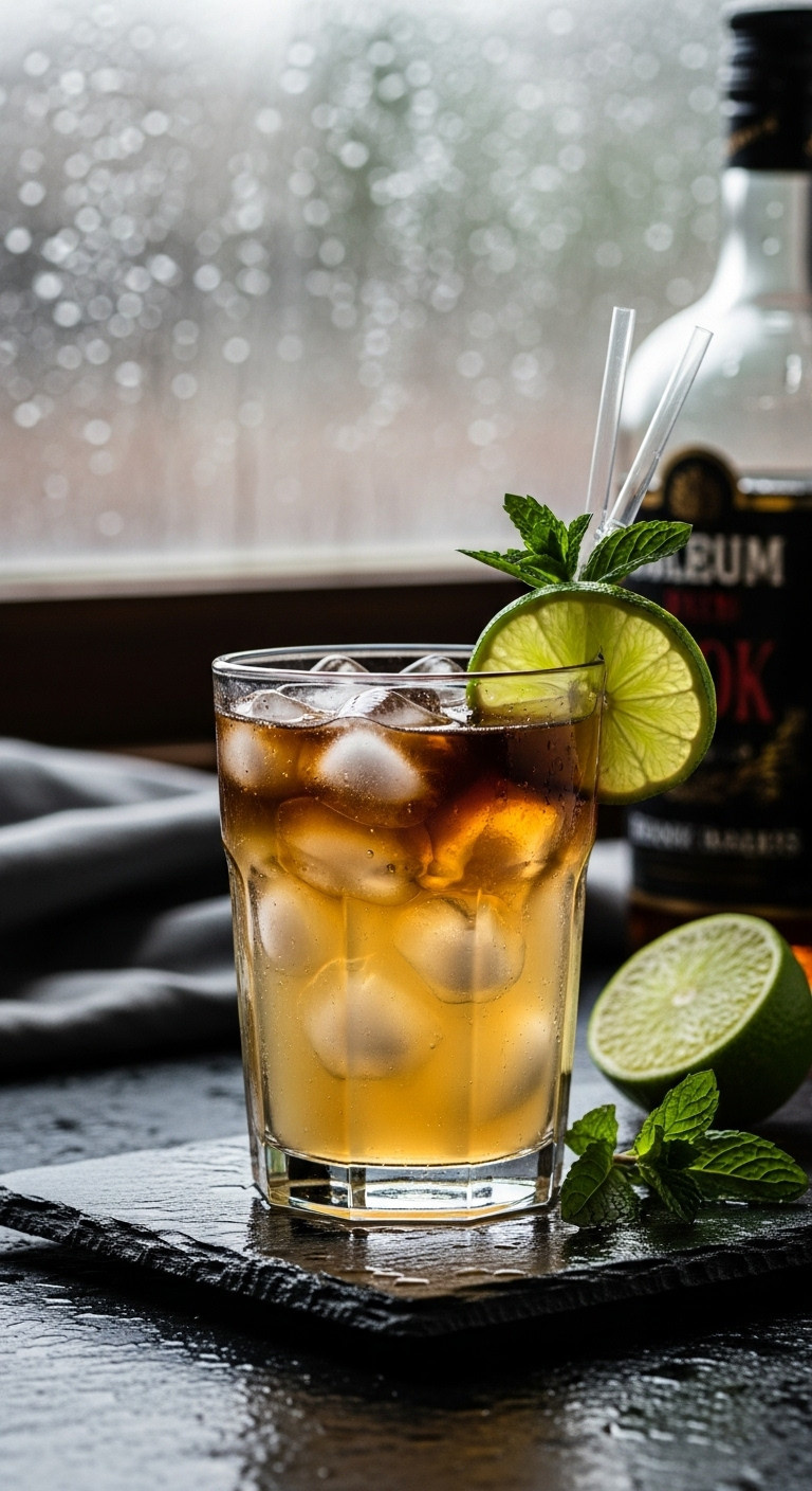 Layered Dark 'N' Stormy Cocktail In A Highball Glass With Ginger Beer And Dark Rum, Garnished With A Lime Wedge.