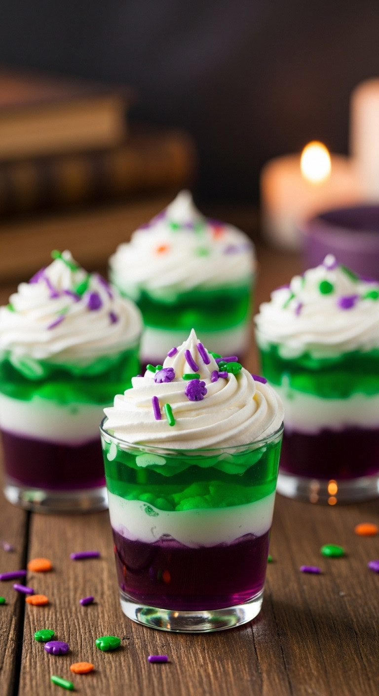 Layered Hocus Pocus Jello Shots With Purple And Green Layers Whipped Cream And Spooky Sprinkles Perfect For Witchy Party Recipes
