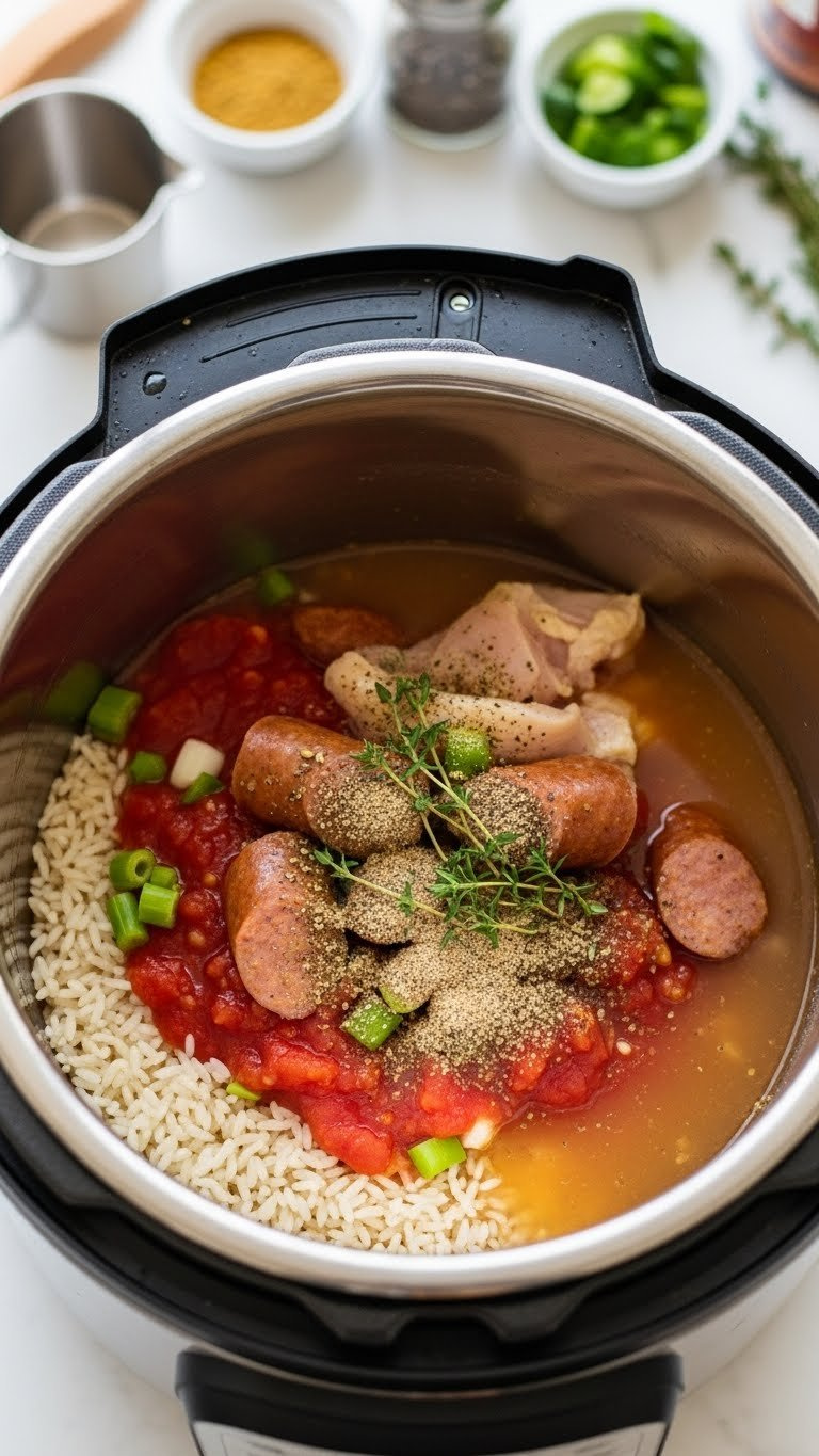 Layered Instant Pot Jambalaya Ingredients Including Rice, Vegetables, Diced Tomatoes, Chicken, And Sausage, Ready For Cooking.