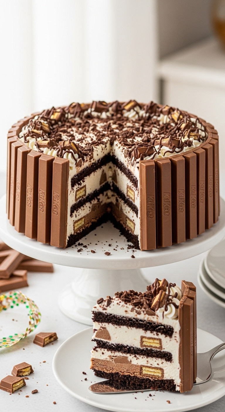 Layered Kit Kat Ice Cream Cake With Kit Kat Bars Around Sides, Crushed Topping, Chocolate Drizzle On A Cake Stand.