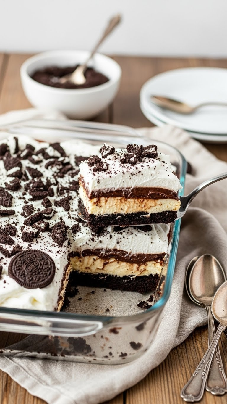 Layered Oreo Lasagna Dessert In Clear Glass Dish, Scooped With Spoon, Showing Oreo Crust, Cream Cheese, Pudding &Amp; Whipped Topping.